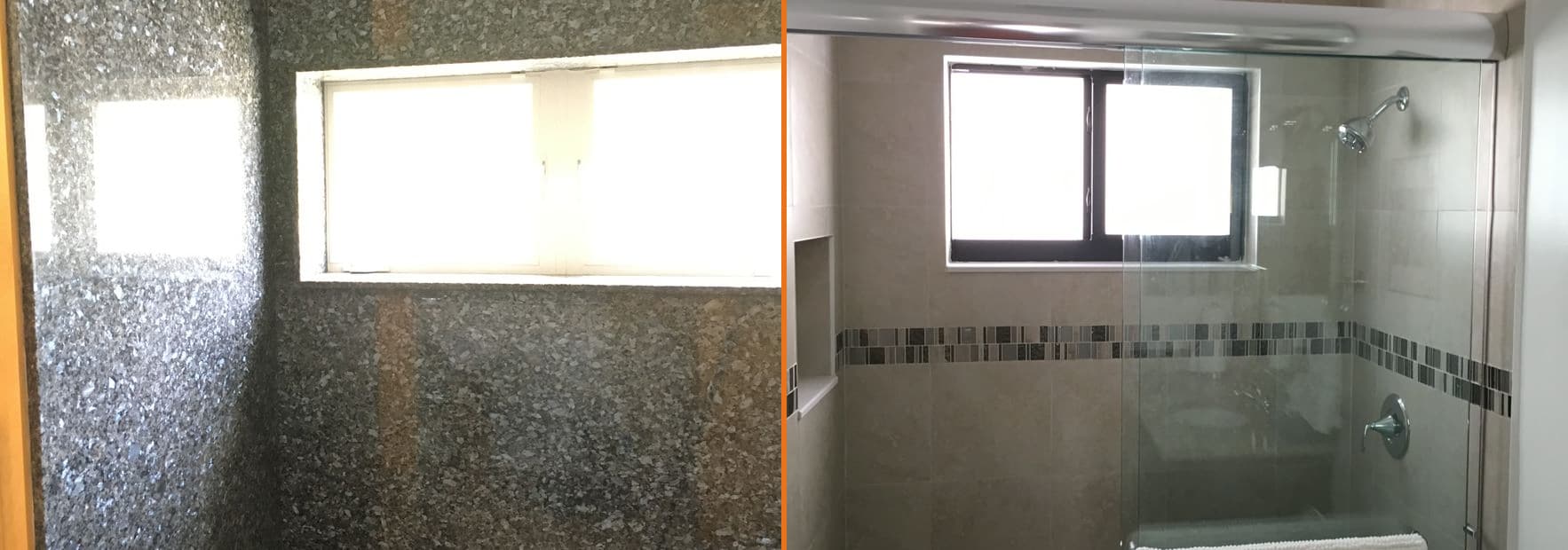 Bathroom remodel before and after — dated stone walls transformed into a modern glass and tile shower