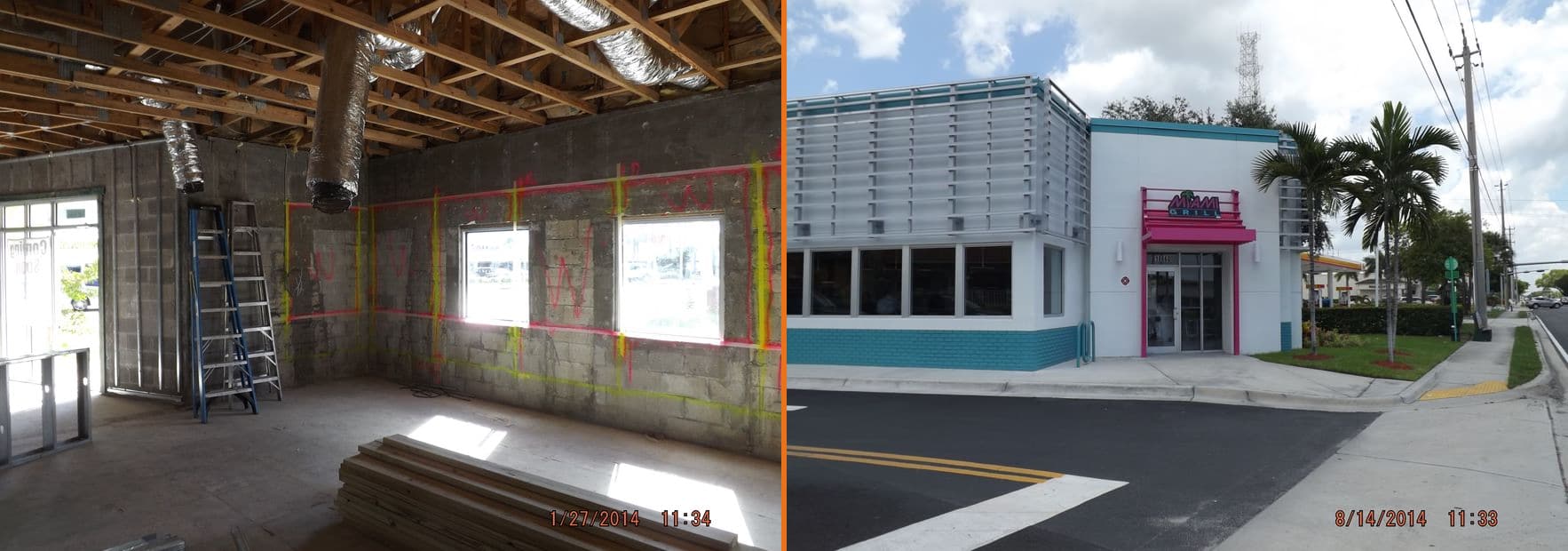 Commercial renovation before and after — concrete block shell transformed into a completed restaurant in Miami