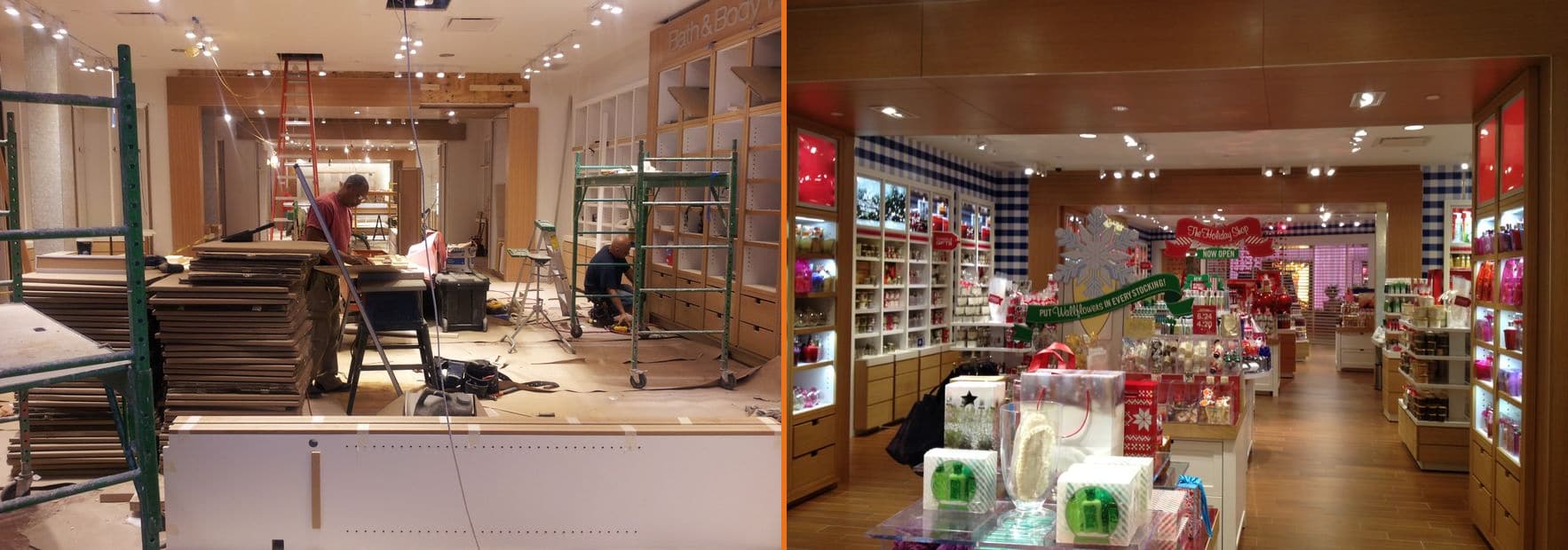 Retail build-out before and after — bare construction site transformed into a fully finished store in Wellington, FL